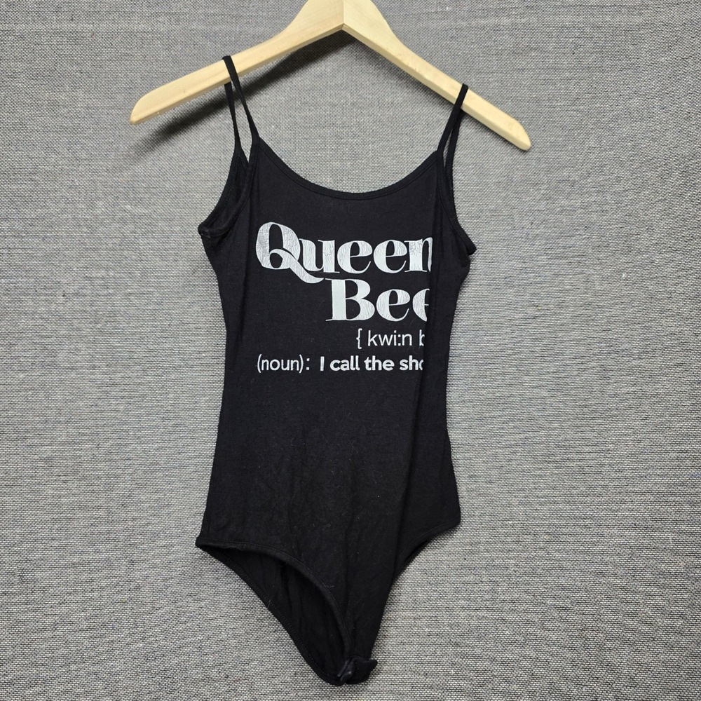 Pink Berry Queen Bee Graphic Bodysuit Black Spaghetti Strap Scoop Neck Sleeveles